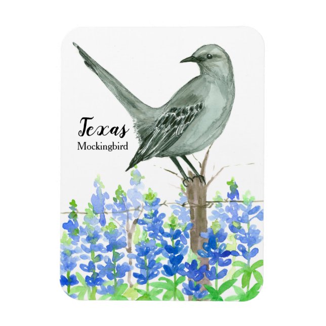 Magnet Flexible Texas Souvenir Bluebonnets Fleurs Mockingbird (Vertical)