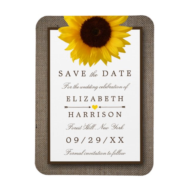 Magnet Flexible Tournesol Rustique Sur Burlap Enregistrer La Date (Vertical)
