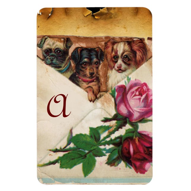 MAGNET FLEXIBLE TROIS CHIOTS AVEC ROSES  MONOGRAMME (Vertical)