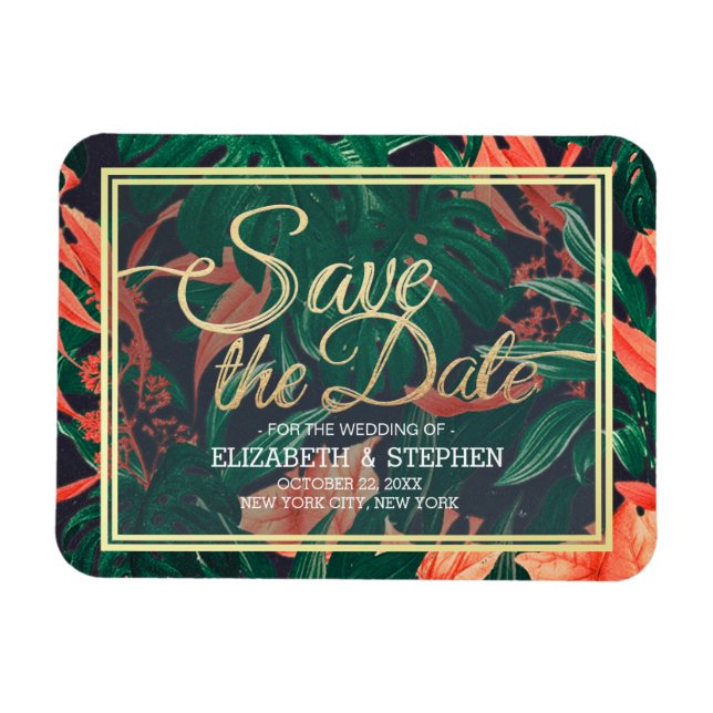 Magnet Flexible Tropical Floral & Gold Frame Wedding Enregistrer L (Horizontal)