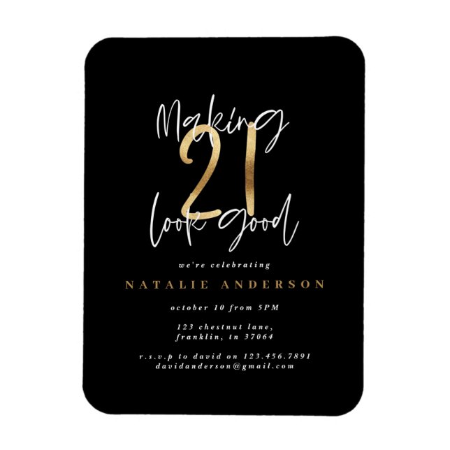 Magnet Flexible Typographie moderne de 21 ans noir et or (Vertical)