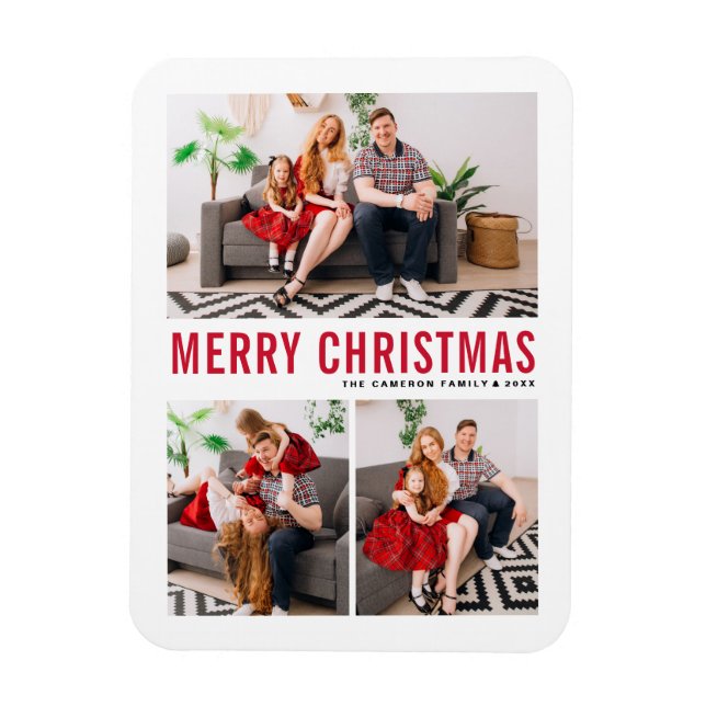 Magnet Flexible Typographie rouge Joyeux Noël Trois photos (Vertical)