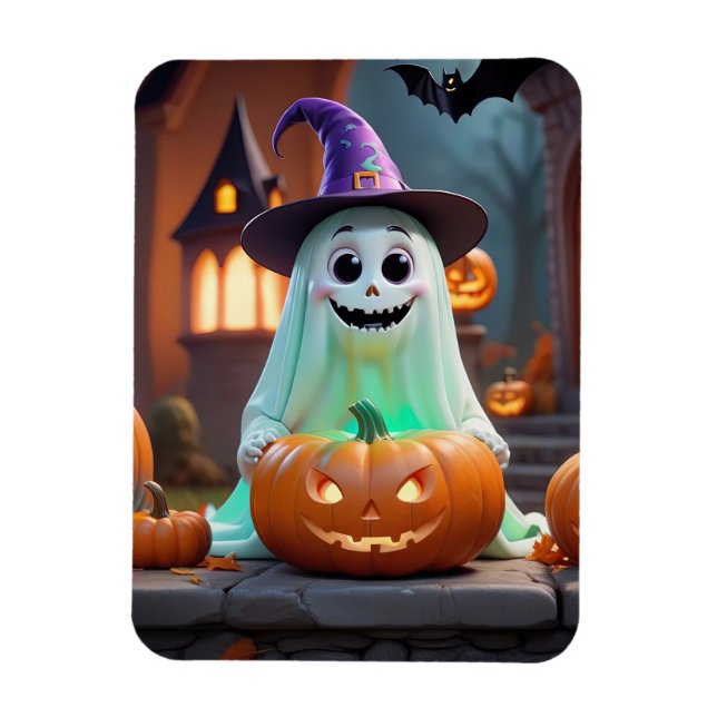 Magnet Flexible Un mignon fantôme avec des citrouilles d'Halloween (Vertical)