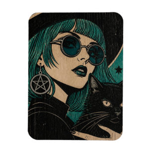 Magnet Flexible Une sorcière avec son chat noir Gravure sur bois