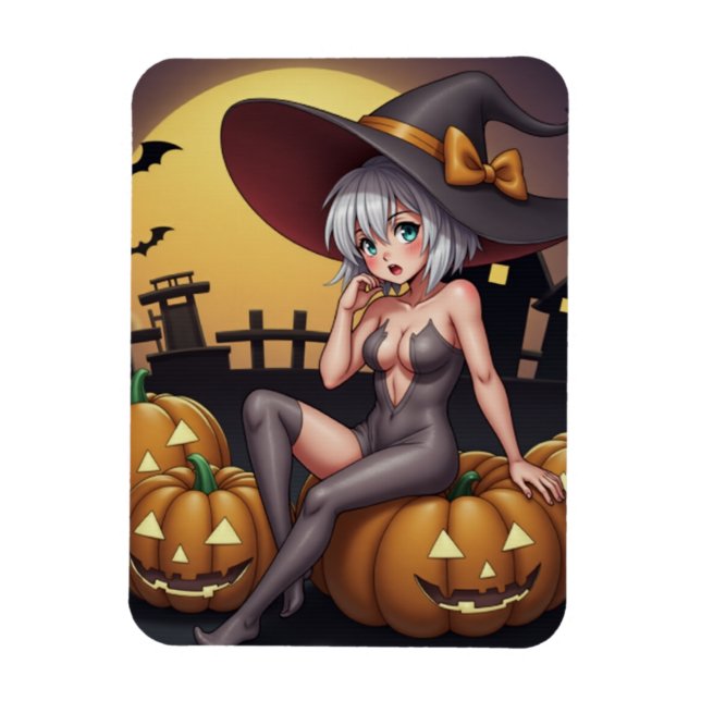 Magnet Flexible Une sorcière d'Halloween aux yeux verts sur Jack-O (Vertical)