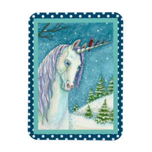 MAGNET FLEXIBLE UNICORNE D'HIVER ET OISEAUX, PAYSAGE DE NEIGE PAIS