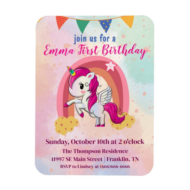 Magnet Flexible Unicornes magiques Aquarelle rose 1er anniversaire (Vertical)