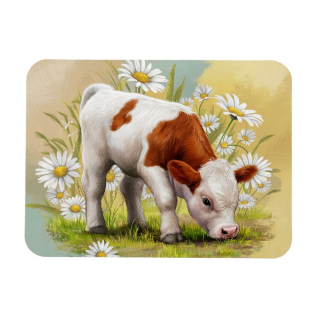 Magnet Flexible Vache Bébé mignonne dans un champ de marguerites F (Horizontal)