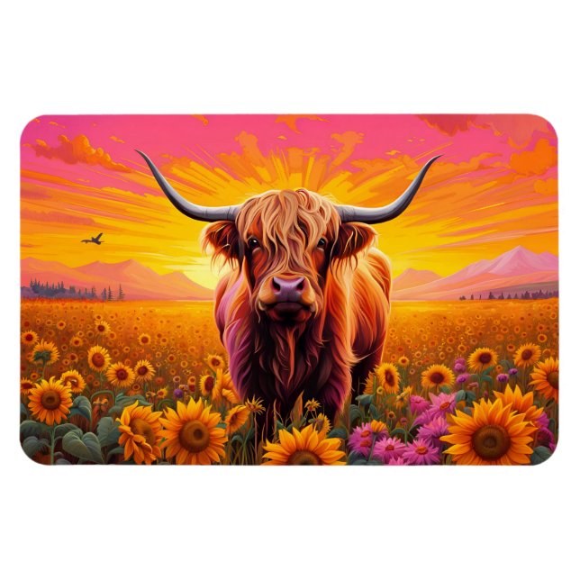 Magnet Flexible Vache Highland dans les tournesols à Sunrise (Horizontal)
