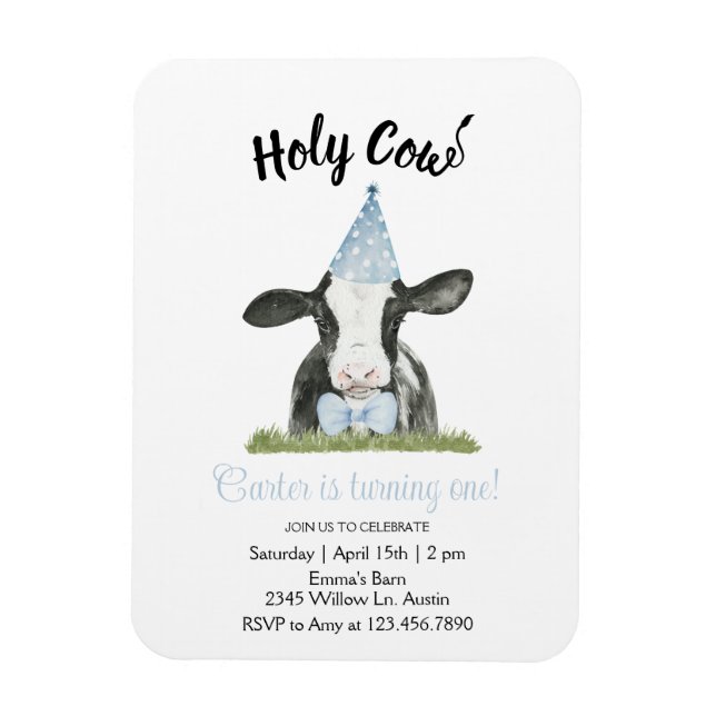 Magnet Flexible Vache mignonne avec casquette Blue Party & Cravate (Vertical)