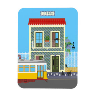 Magnet Flexible Vieille maison de Lisbonne avec chats et tramway j