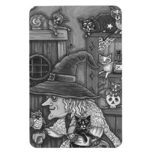 MAGNET FLEXIBLE VIEILLE WITCH HAPPY HOME, CATS & OWL NOIR/WHT HALL