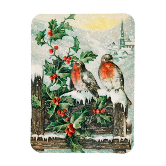 Magnet Flexible Vintage Christmas Card with Robins, Holly, Church (Vertical)