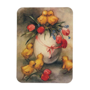Magnet Flexible Vintage Easter Chicks with Red Tulip Flowers
