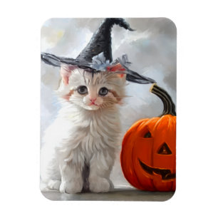 Magnet Flexible Vintage Halloween White Kitten et Jack-o' lantern