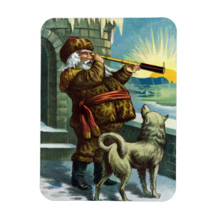 Magnet Flexible Vintage Noël Santa Claus Telescope Chien Sunset