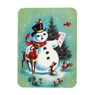 Magnet Flexible Vintage Noël Snowman Jouer Avec Des Animaux