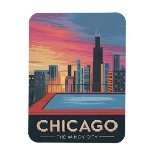 Magnet Flexible Vintage voyage Chicago Sunset Skyline Cityscape