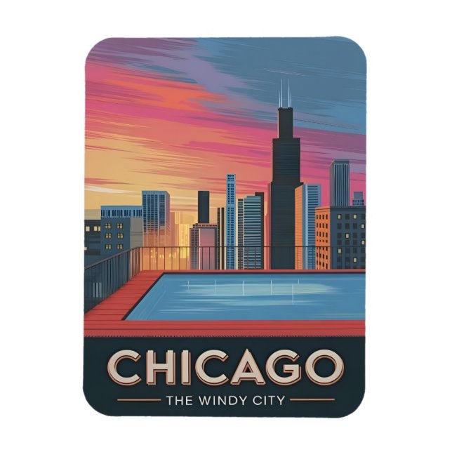Magnet Flexible Vintage voyage Chicago Sunset Skyline Cityscape (Vertical)