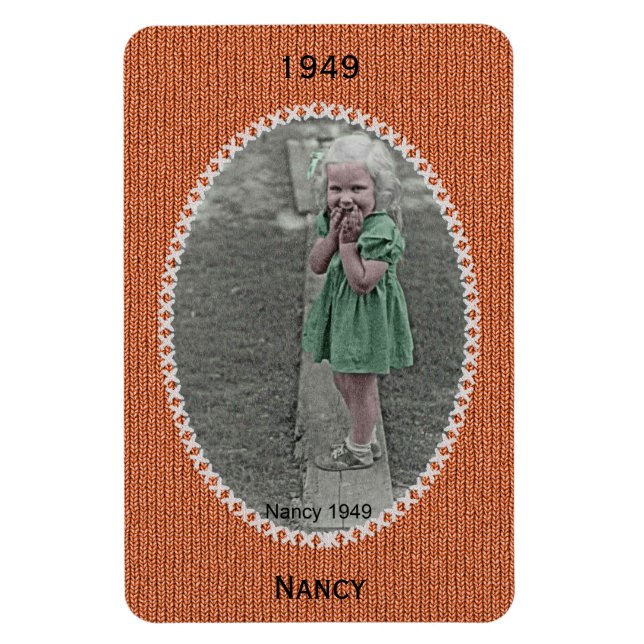 Magnet Flexible Votre Nom Photo Oval, Date - Motif De Knit Orange (Vertical)
