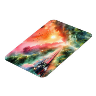 Magnet Flexible Voyage en train au coucher de soleil tropical aqua