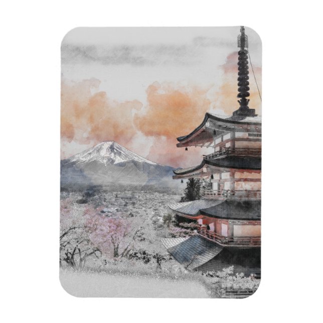 Magnet Flexible Watercolor Japanese Pagoda & Mt. Fuji  (Vertical)
