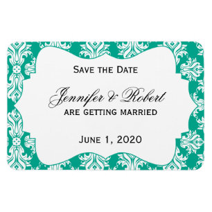 Magnet Flexible White Emerald Green Mariage damassé Sauvez la date