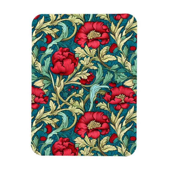 Magnet Flexible William Morris Inspired Red Flowers Pattern (Vertical)