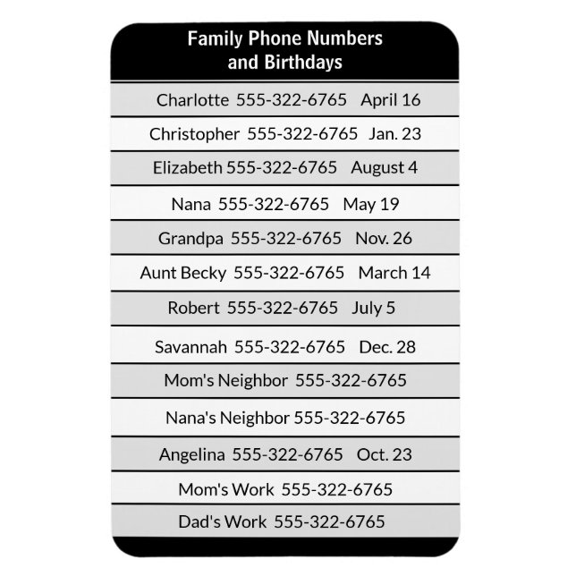 Magnet List of Important Phone Numbers (Vertical)