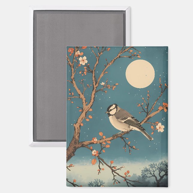 Magnet - Moonlit Bird on Blossom Branch (Front/Back)