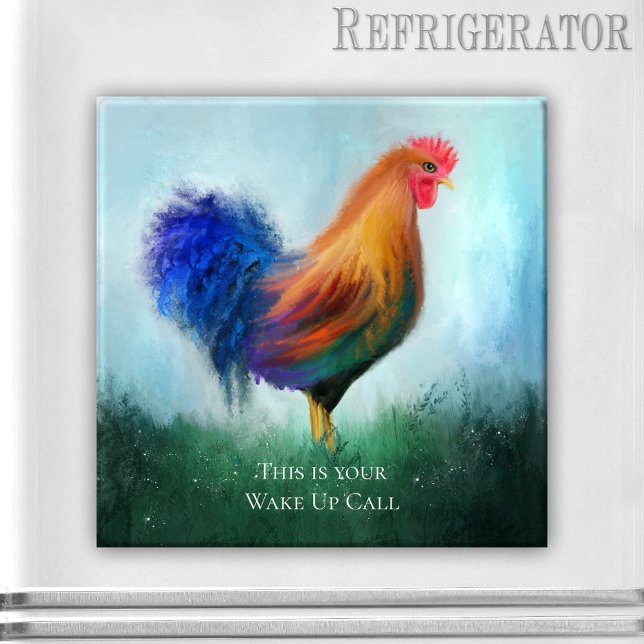 Magnet personnalisé de coq drôle (Funny magnet featuring an original painting of a colorful rooster in a grass field)