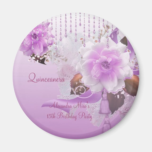 Magnet Quinceanera 15e Lilac rose floral blanc (Devant)