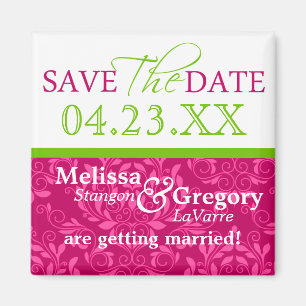 Magnet Réservez la date rose chaud vert Damas