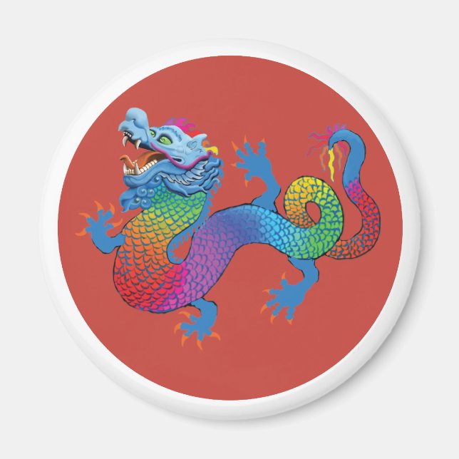 Magnet rouge avec dragon coloré (Devant)