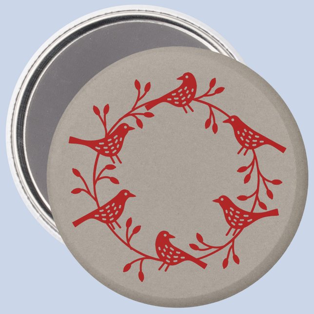 Magnet Scandi Wreath of Birds and Rosehips (Red Scandinavian bird wreath festive magnet)