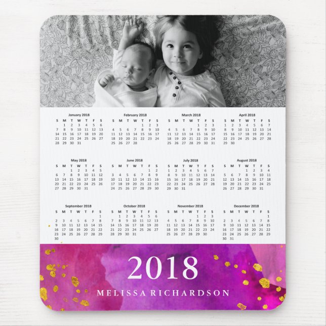 Magneta Watercolor and Gold 2018 Calendar | Photo Mouse Pad (Front)