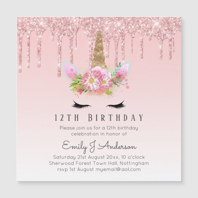 MAGNETIC Glitter Unicorn 12th Birthday Pink Gold (Front)