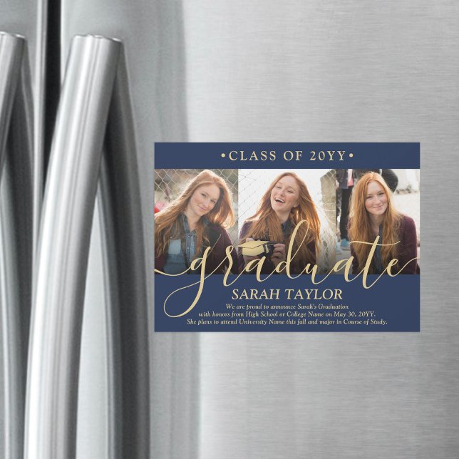 Magnetic Photo Navy & Gold Graduation Announcement (Creator Uploaded)