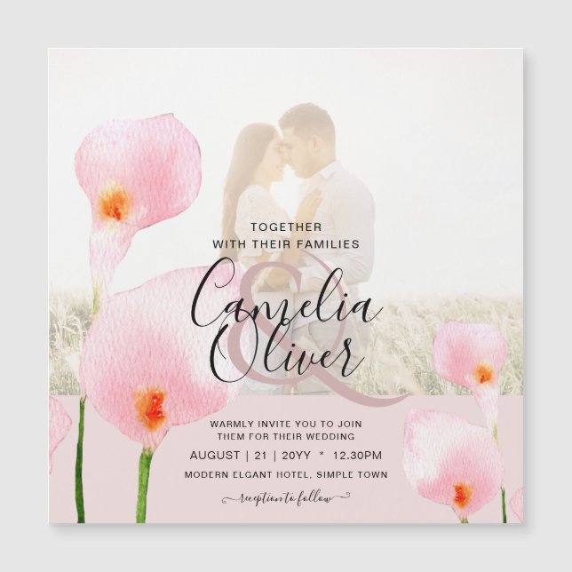 MAGNETIC Pink Calla Lily PHOTO Wedding Invite (Front)