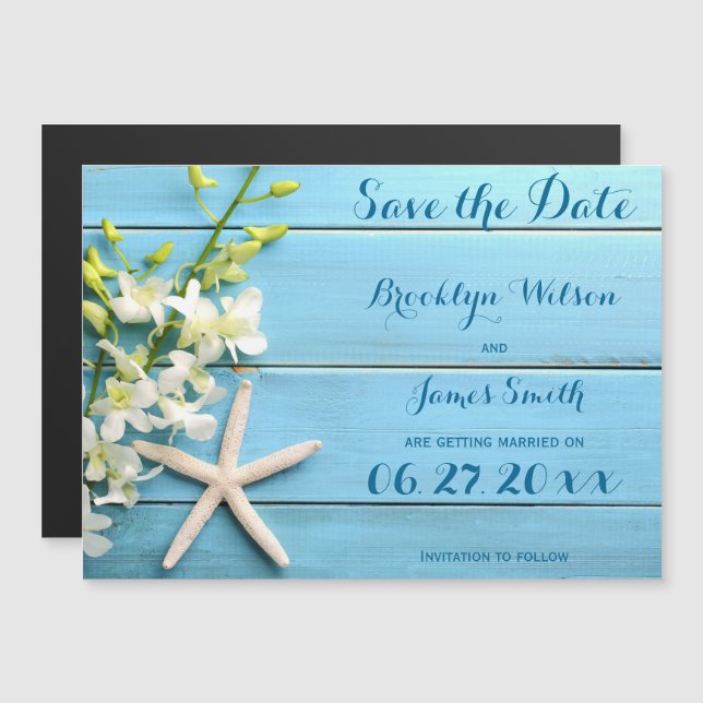 Magnetic Starfish Wedding Save The Date Orchids Magnetic Invitation (Front/Back)
