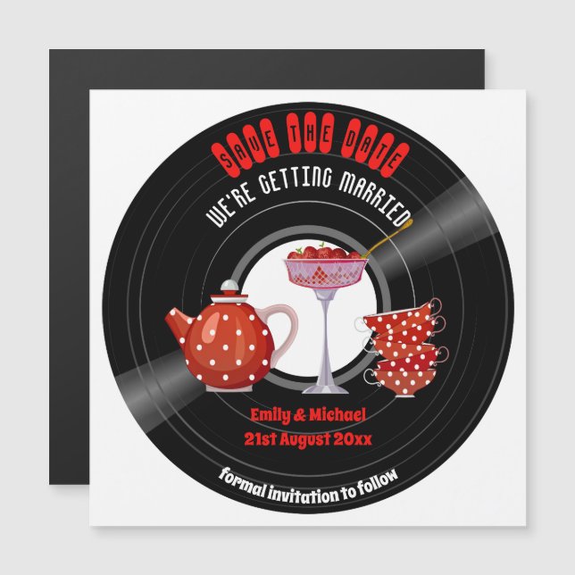 Magnetic Wedding Save The Date Tea Party Record Invitation (Front/Back)