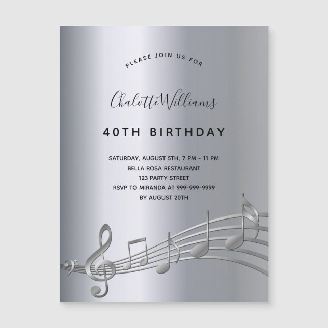 Magnétique Anniversaire argent notes musique invitation aiman (Devant)