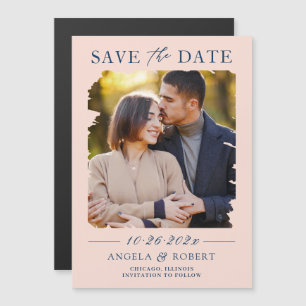 Magnétique Blush Pink Navy Photo Enregistrer la date Carte ma