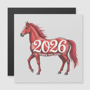 Magnétique Carte Bonne Année 2026 Cheval Rouge Illustration