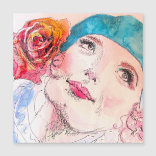 Magnétique Fille avec Béret Rose Rouge Aquarelle Carte magnét