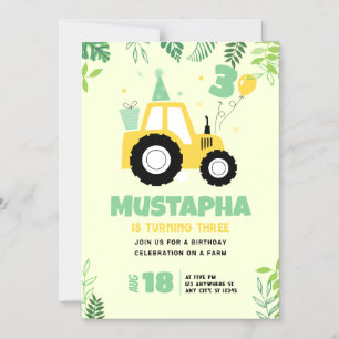 Magnétique Invitation Anniversaire 3 Ans Tracteur Jaune pour