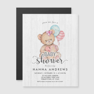 Magnétique Invitation Baby shower fille ours en bois blanc