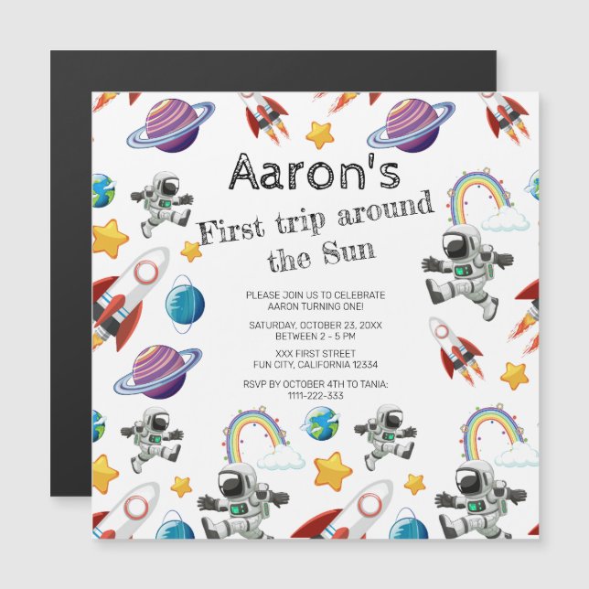 Magnétique Invitation du premier anniversaire de l'astronaute (Devant / Derrière)