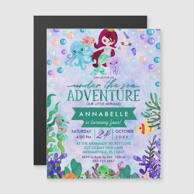 Magnétique Thème Mignonne Sirène Anniversaire Fête Invitation (Devant / Derrière)