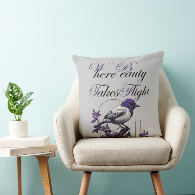 Magnificent Bird on Purple Leaves | Art Print Throw Pillow (Chair)